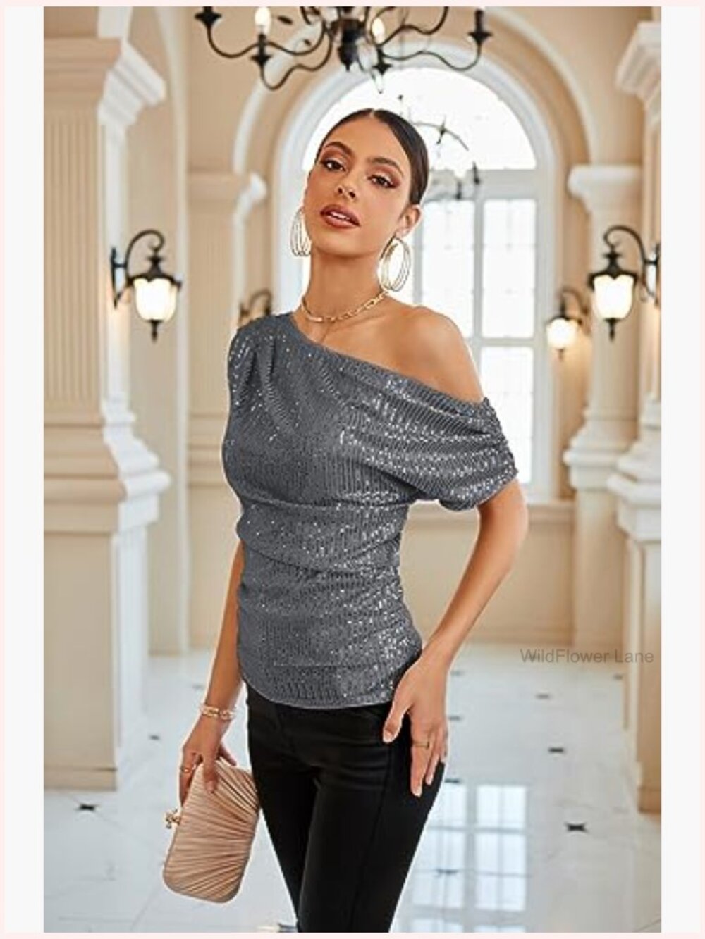 One Shoulder Sequin Sparkly Top Ruched Asymmetrical Glitter Party Shirt Slimming - Picture 2 of 7